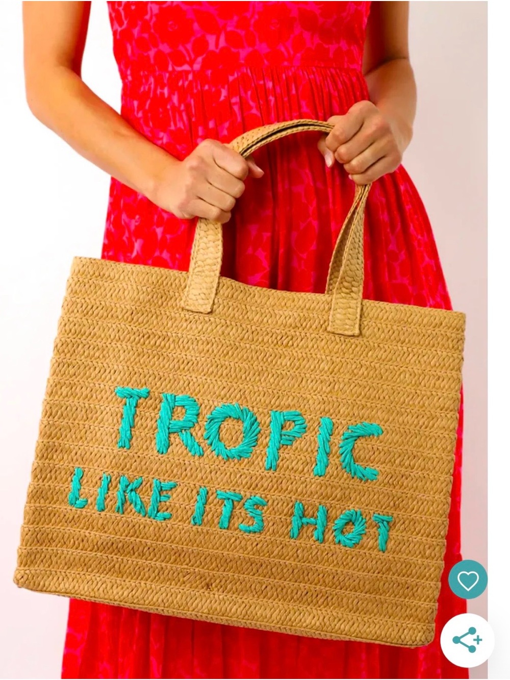 BTB Los Angeles Straw Tote with Turquoise Embroidery - Tropic Like Its Hot